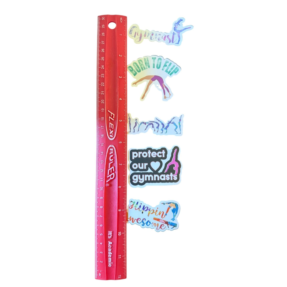 A ruler with multiple colorful gymnastics-themed stickers aligned vertically next to it on a white background.
