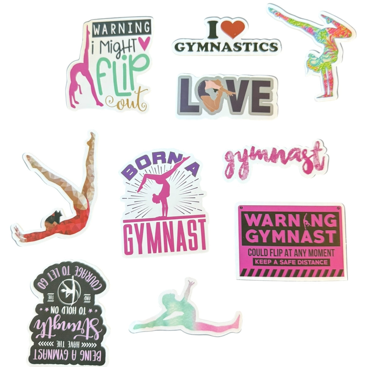 A set of gymnastics-themed die-cut stickers on a plain white background, featuring various designs such as 'I Love Gymnastics', 'Warning: Gymnast Could Flip Any Moment', and colorful gymnast illustrations.