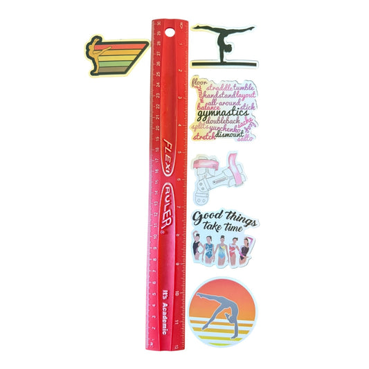 A set of gymnastics-themed stickers displayed next to a red plastic ruler on a white background. The stickers feature various designs including a retro striped logo, a gymnast silhouette, motivational quotes, a barbell, gymnasts, and a sunset yoga pose illustration.