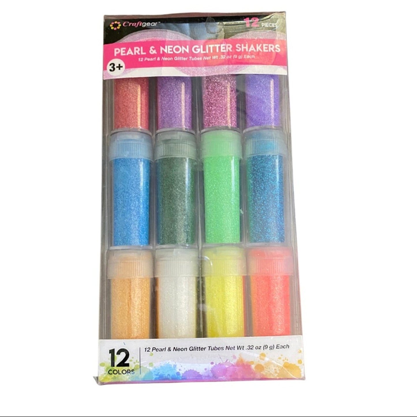 A 12-pack of CraftGear Pearl & Neon Glitter Shakers in a clear plastic clamshell package, showing 12 colorful glitter tubes in various shades including pink, purple, blue, green, yellow, orange, and white.