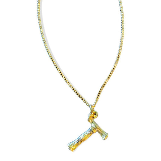 A gold chain necklace featuring a textured, pendant shown against a plain white background.