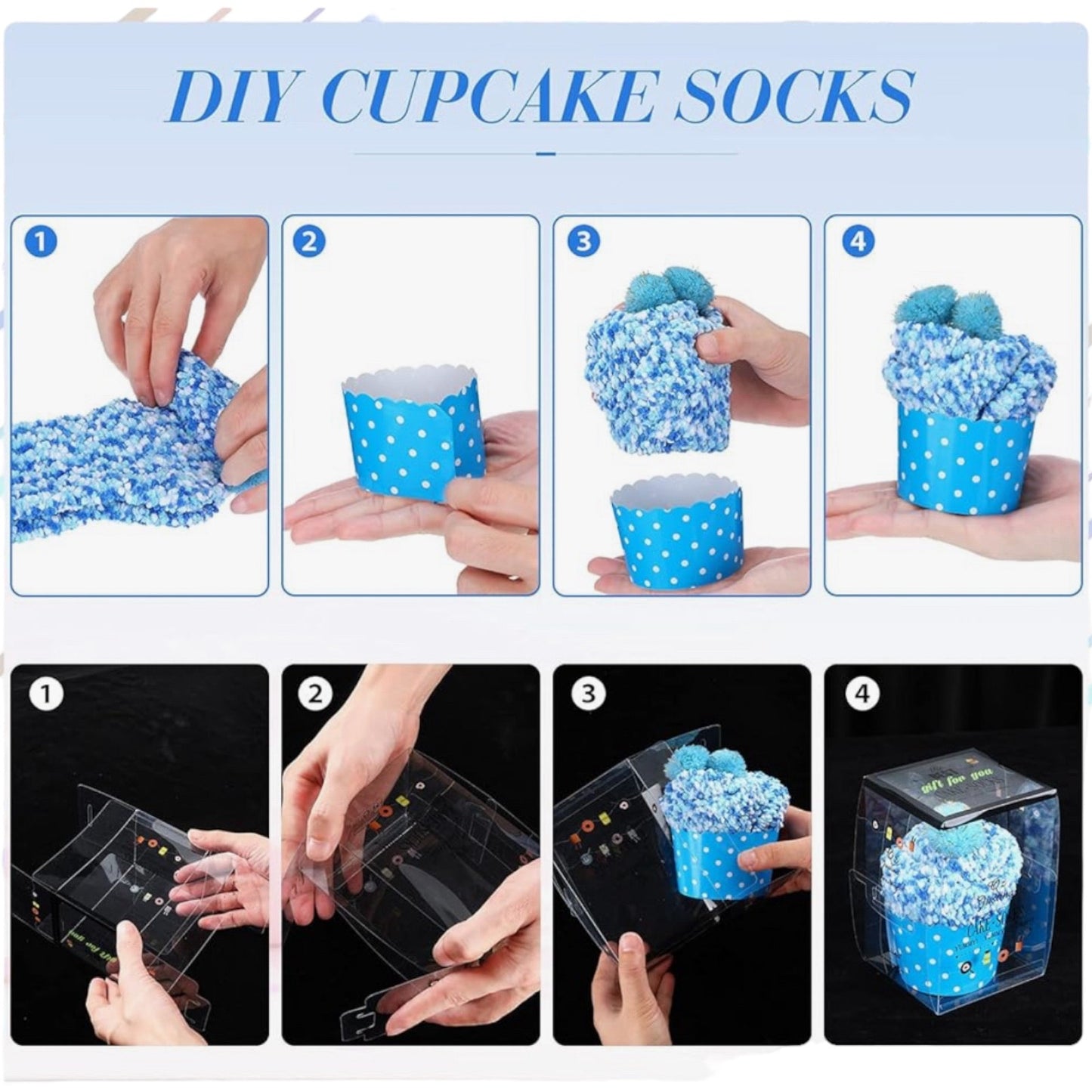Step-by-step guide on making DIY cupcake socks with blue polka dot design.