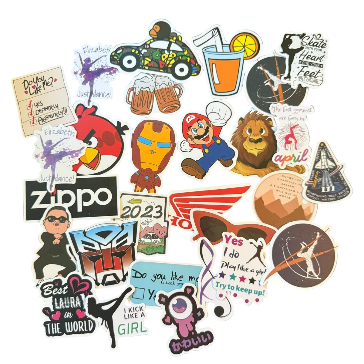 A collection of assorted die-cut stickers featuring various cartoon characters, pop culture references, quotes, and designs, arranged on a plain white background.