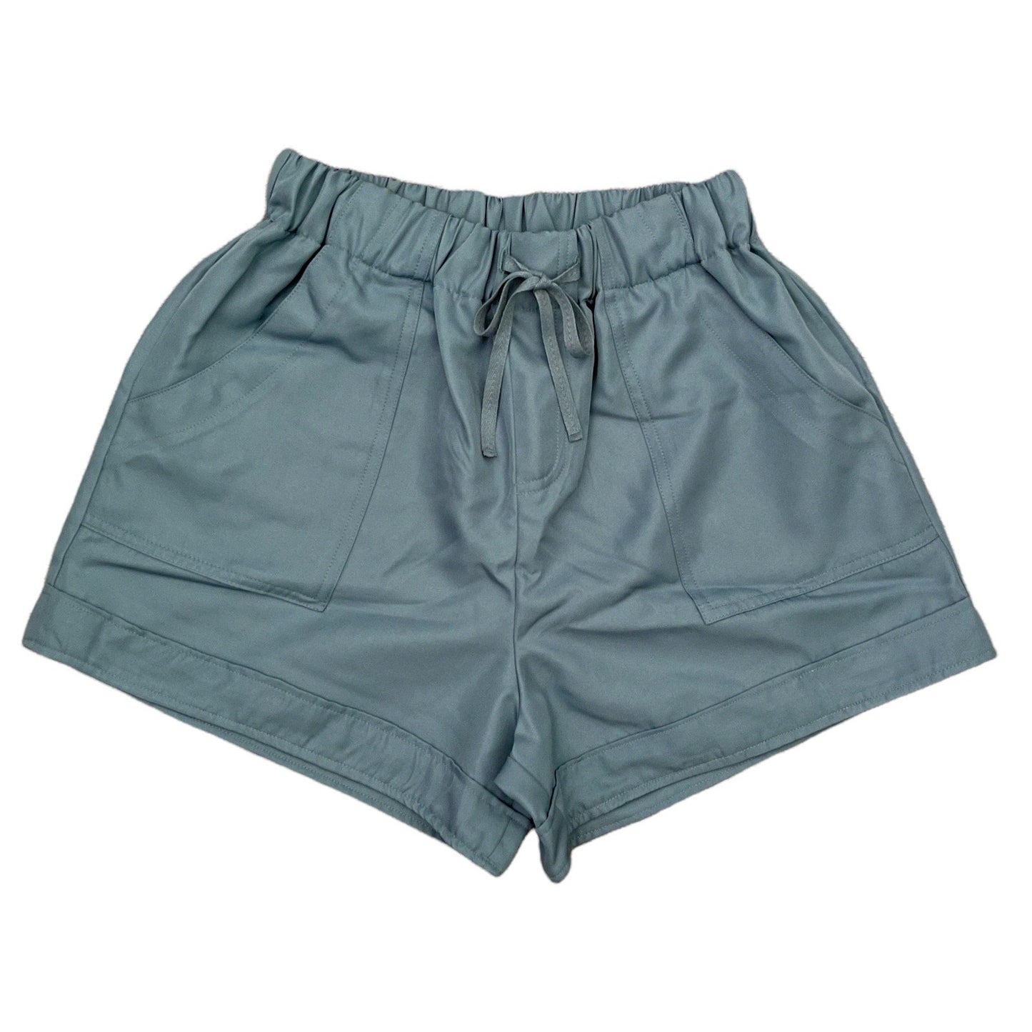Front of blue gray shorts with drawstring on a white background