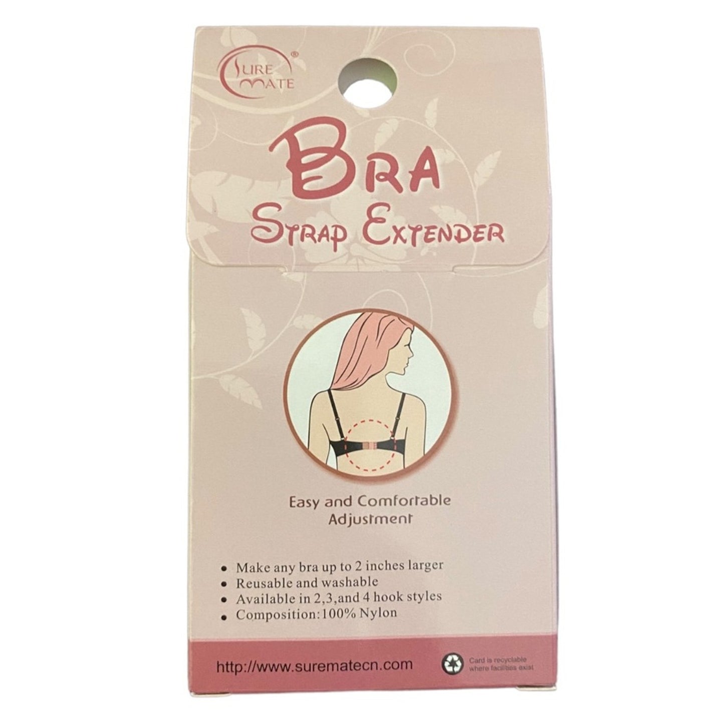 Back of Package of Bra Strap Extender with branding and product description on a beige background