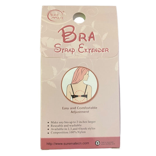 Back of Package of Bra Strap Extender with branding and product description on a beige background