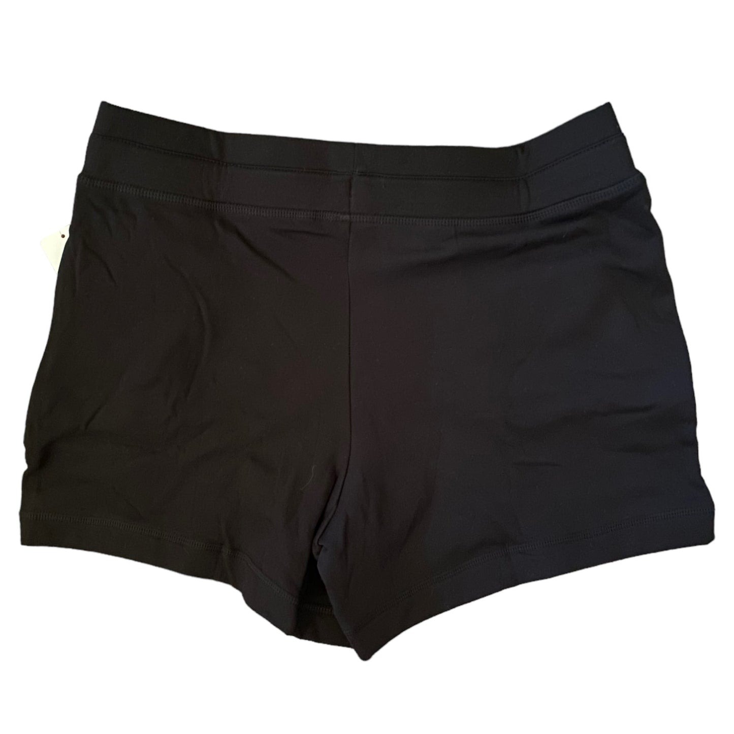 Black athletic shorts with a wide elastic waistband, laid flat on a white background.