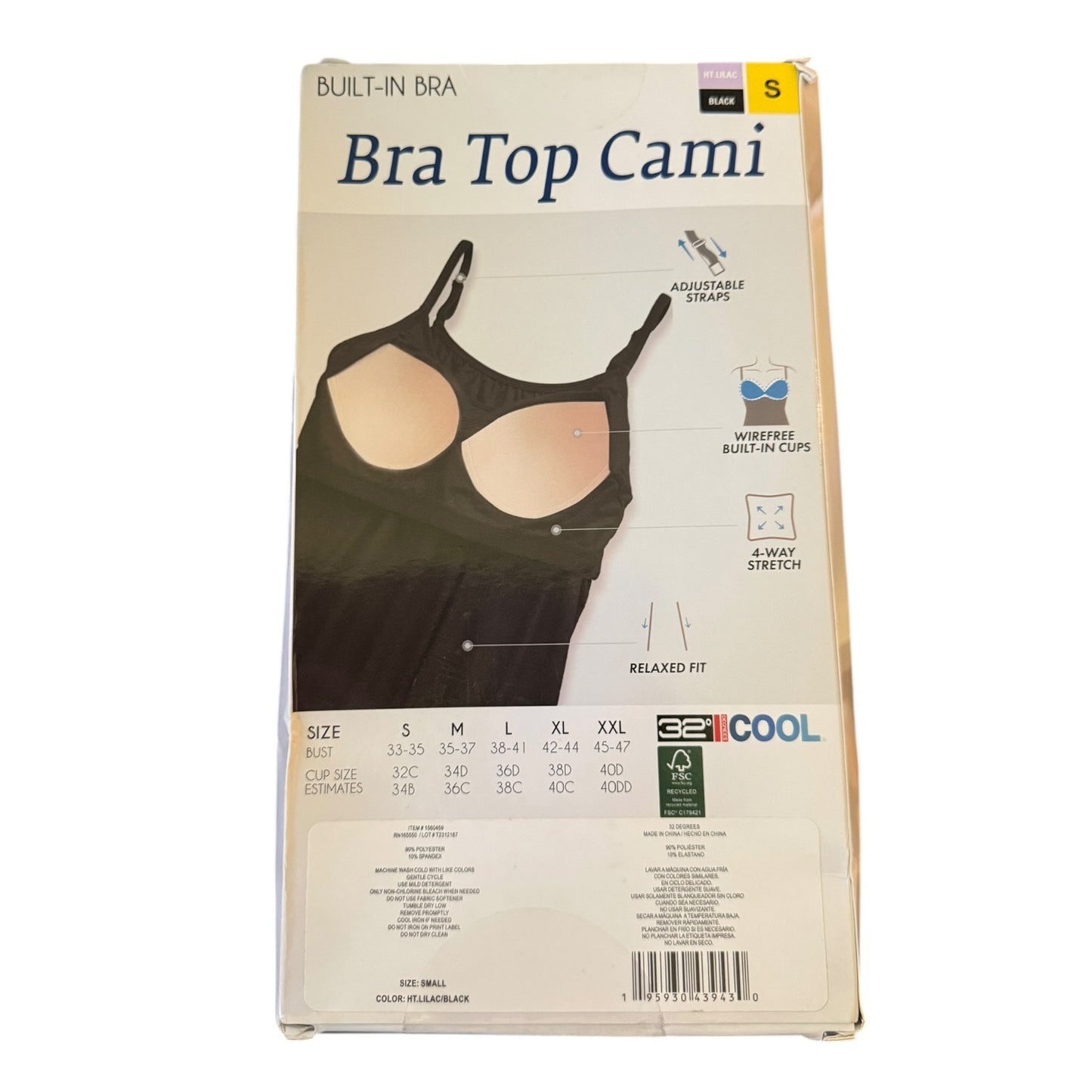 Package of a bra top cami with size chart on a white background