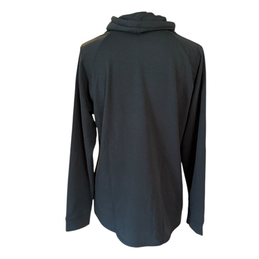 Back of green sweater with a hood on a white background