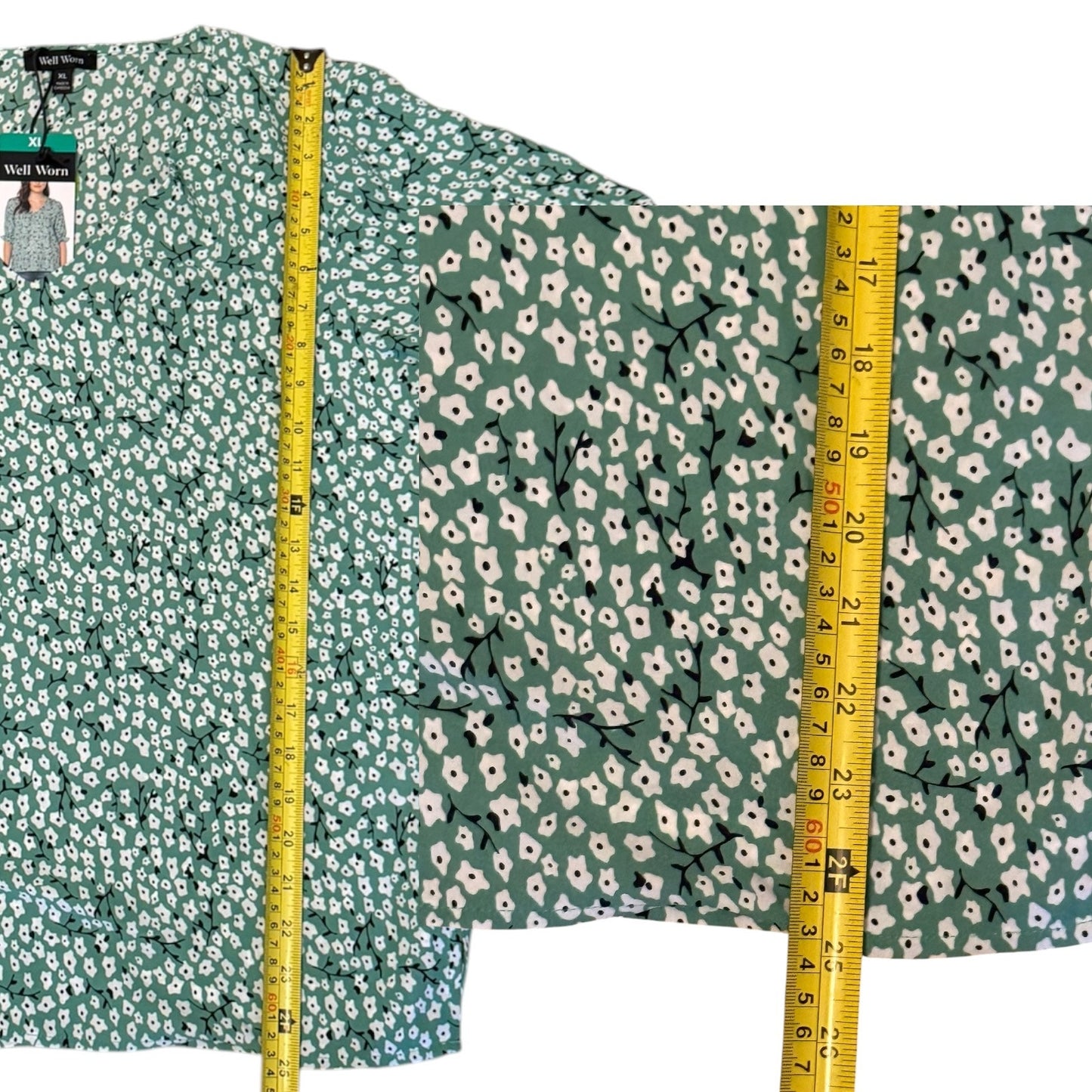 Well Worn Green White Floral V Neck Shirt NWT Size XL