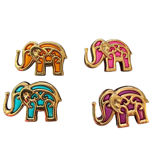 Four colorful elephant-shaped buttons on a white background