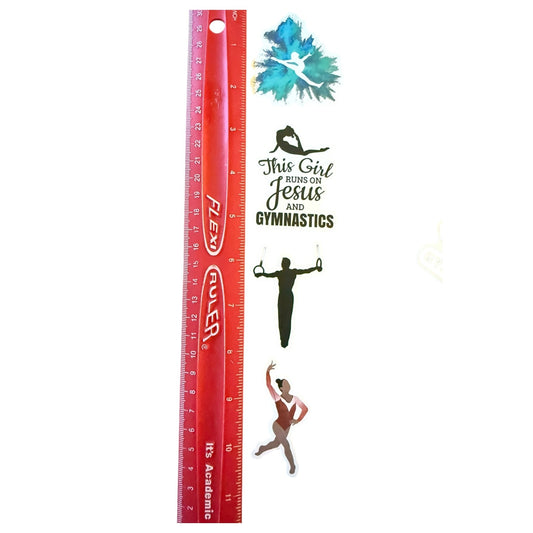 A red plastic ruler with decorative gymnastics-themed stickers , shown vertically on a plain white background.