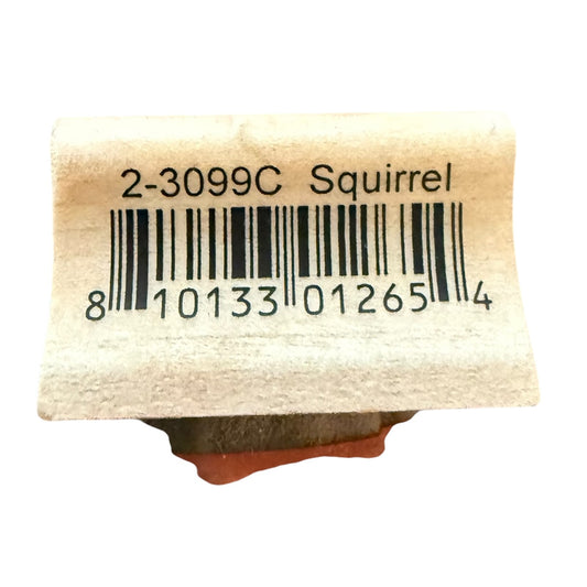 Rubber stamp with 'Squirrel' text and barcode on a beige background