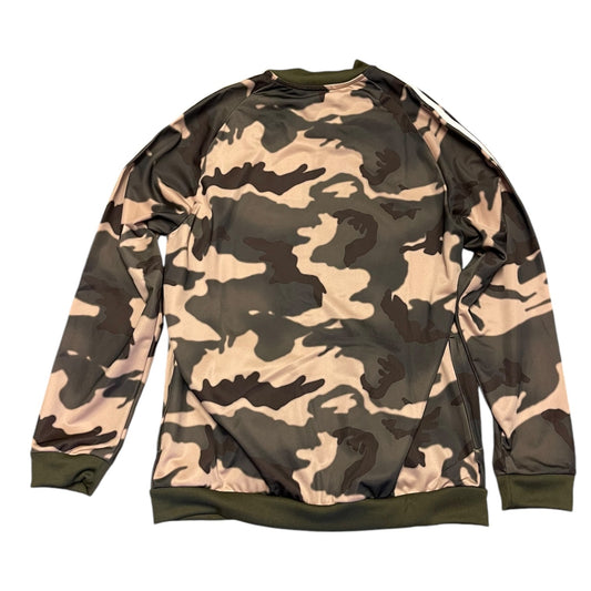 A jacket in a classic camouflage pattern , laid flat against a white background.