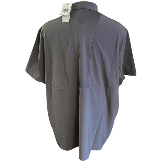 Back of Gray shirt with a tag on the back on a white background