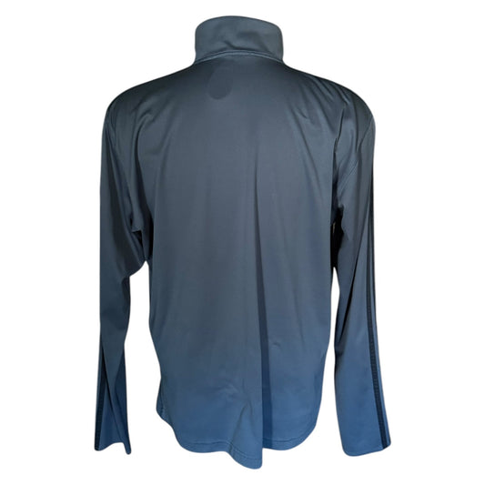 Back of gray long-sleeve shirt on a white background