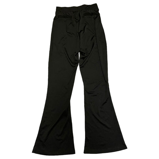 Black wide-leg flare pants with a high waist and front fly, shown flat against a white background.