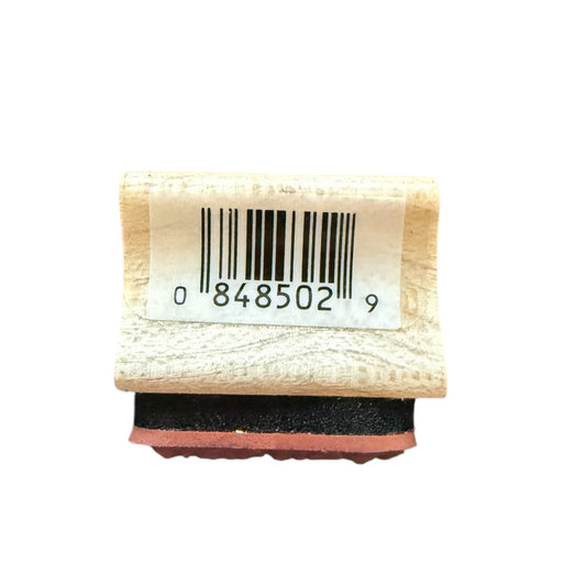 Rubber stamp with a barcode label on a white background