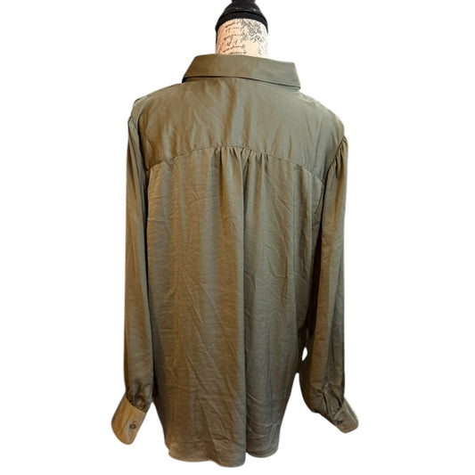 An olive green long-sleeve shirt displayed on a mannequin torso against a plain white background.