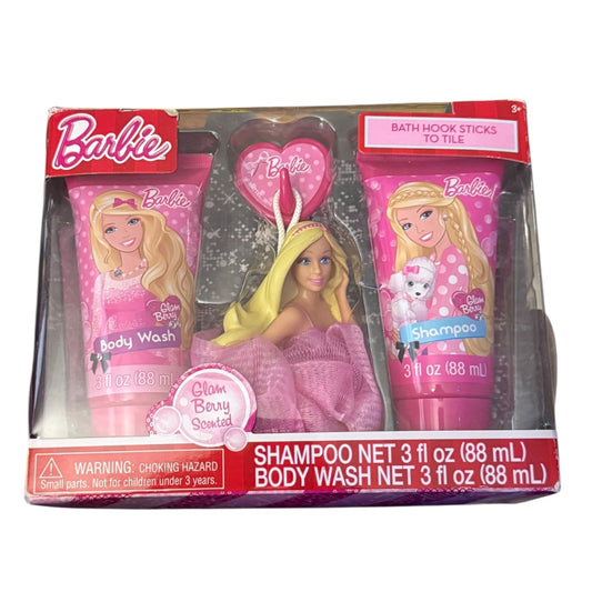 Barbie-themed shampoo and body wash set in packaging on a white background
