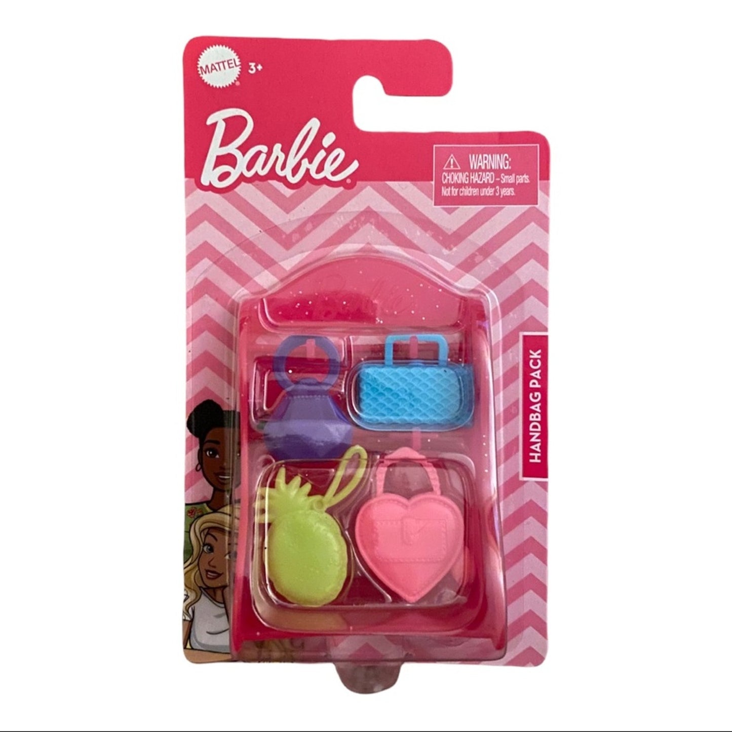 Mattel Barbie Handbag Pack toy set in its original blister card packaging, featuring miniature pink, blue, purple, and green handbags and accessories.