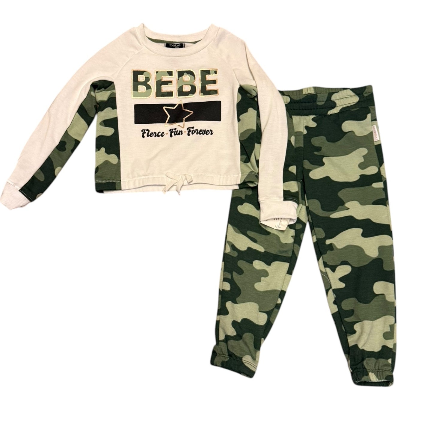 A two-piece children's outfit set featuring a long-sleeve top with beige sleeves and green camouflage body panels, and matching green camouflage jogger pants.