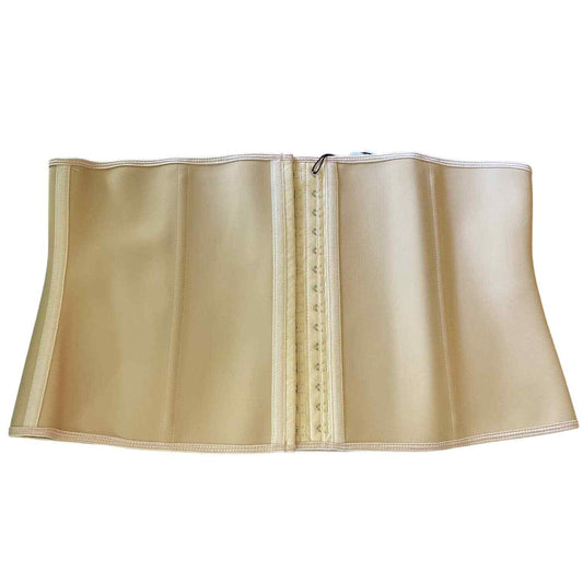 A beige structured waist trainer corset belt with a central hook-and-eye closure, shown against a plain white background.