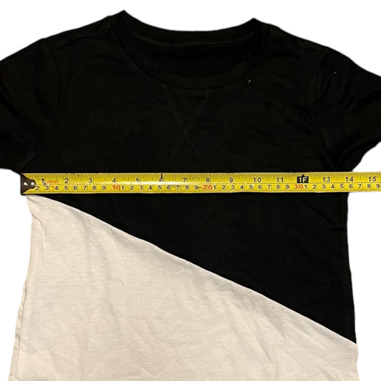 Black and white t-shirt with a measuring tape across the chest