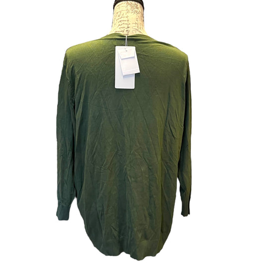 An green long-sleeve cardigan displayed on a mannequin torso against a white background, with white retail tags attached at the neck.