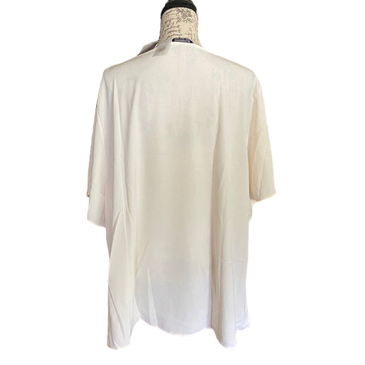 An off-white, lightweight short-sleeve shirt displayed on a mannequin torso from the back, set against a plain white background.