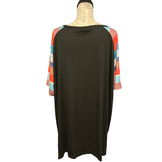 A black long-sleeve top with multicolor striped raglan sleeves, displayed on a dress form mannequin against a white background.