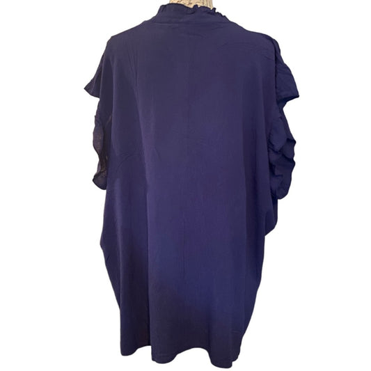 A blue short-sleeve top with ruffled sleeves, displayed on a hanger against a plain white background.
