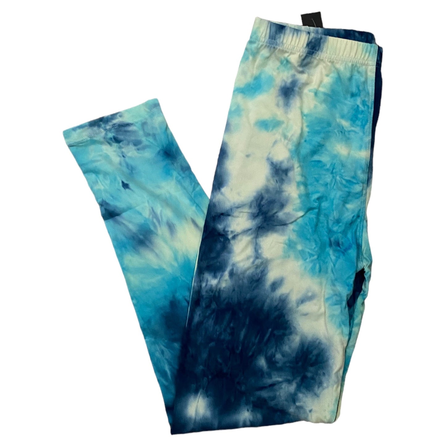 Blue and white tie-dye leggings laid flat on a white background.