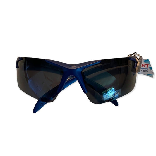 Blue wrap-around sport sunglasses with dark tinted lenses and a small retail tag attached on the right side, shown against a plain white background.