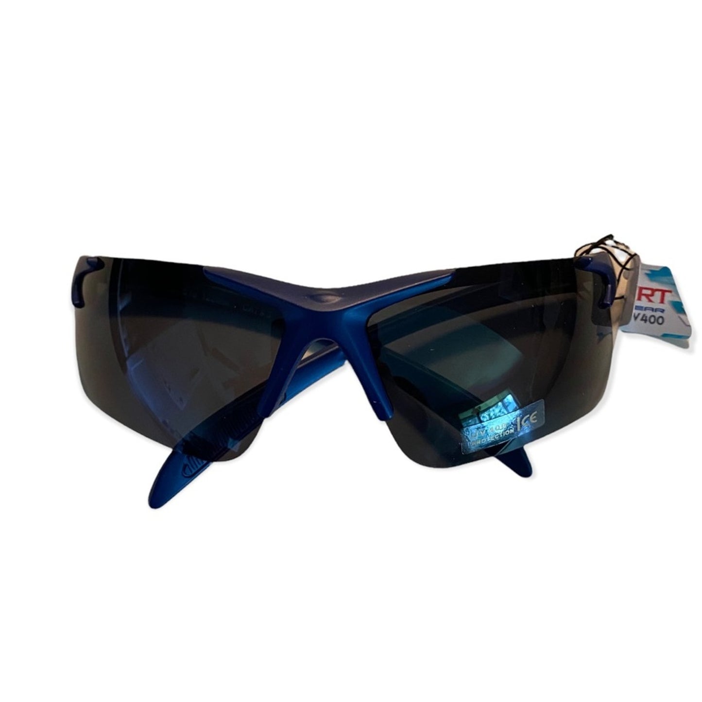 Blue wrap-around sport sunglasses with dark tinted lenses and a small retail tag attached on the right side, shown against a plain white background.