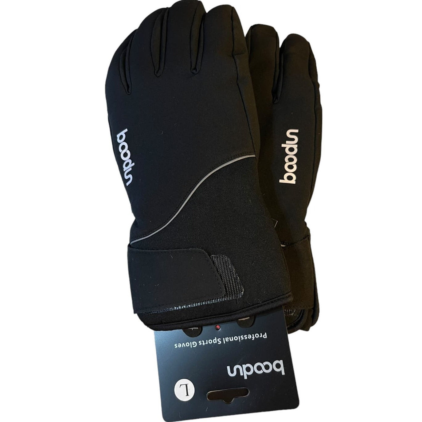 Black gloves with 'boodn' branding on a white background