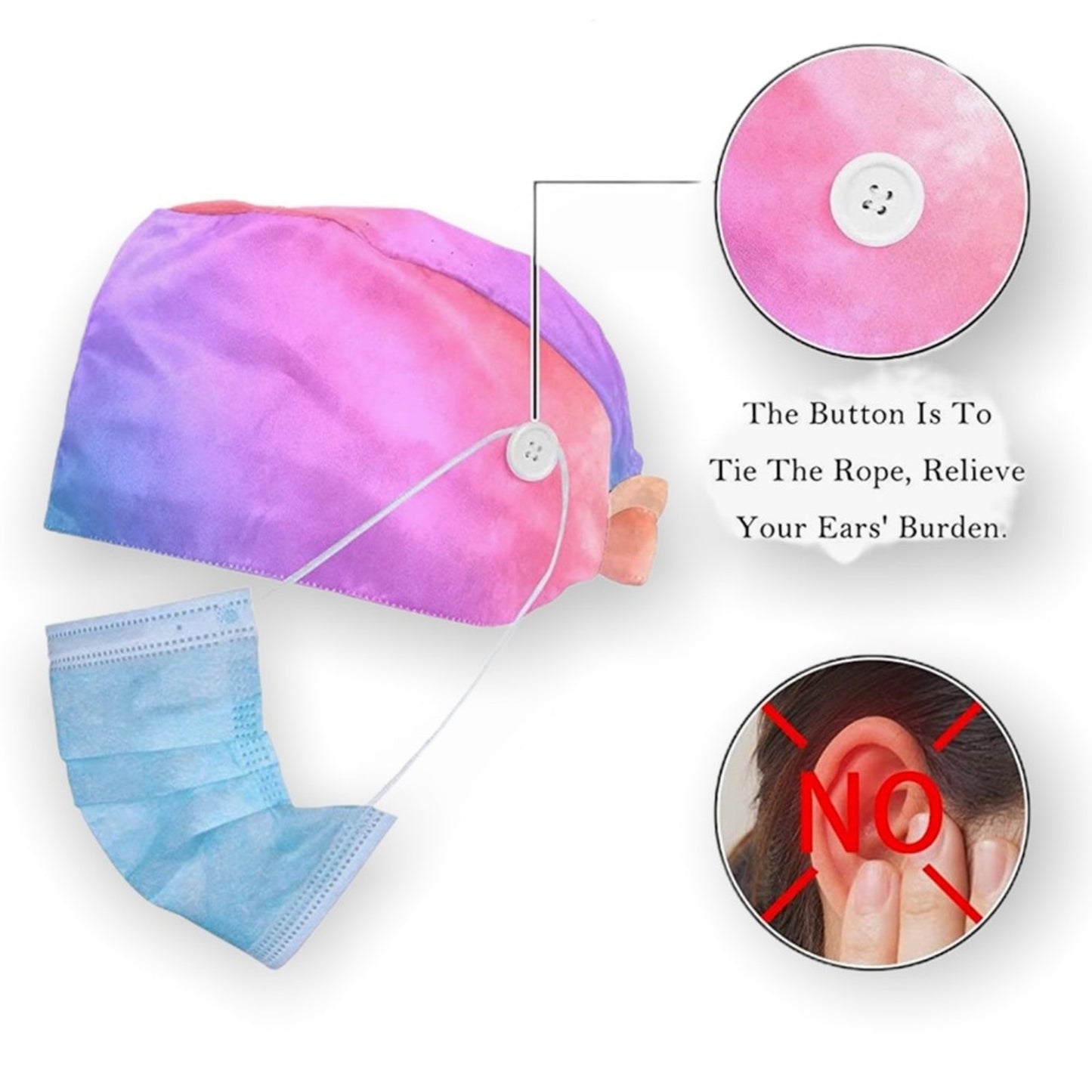 Colorful headband with a button and a face mask on a white background