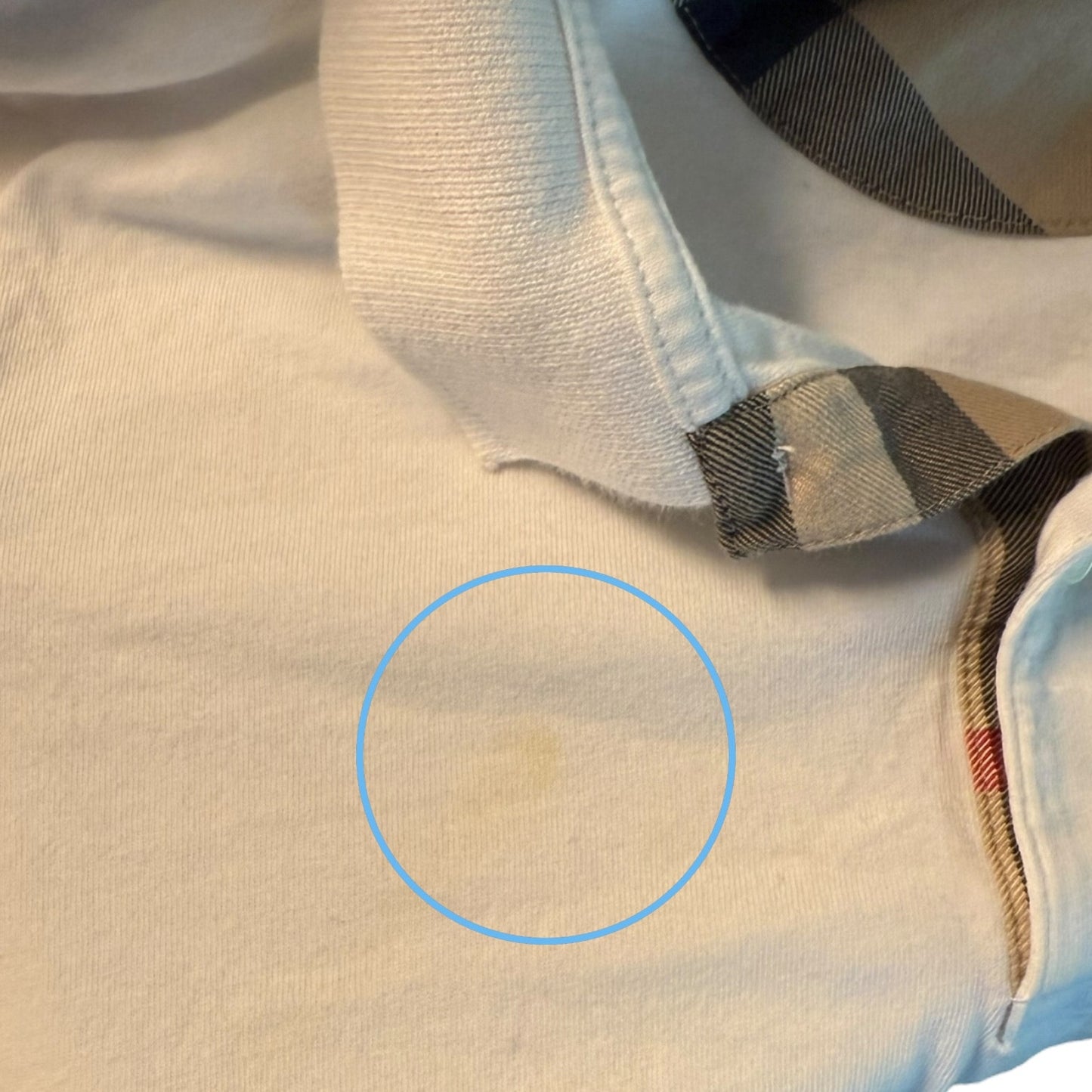 Close-up of issus on shirt with a blue circle highlighting a stain.