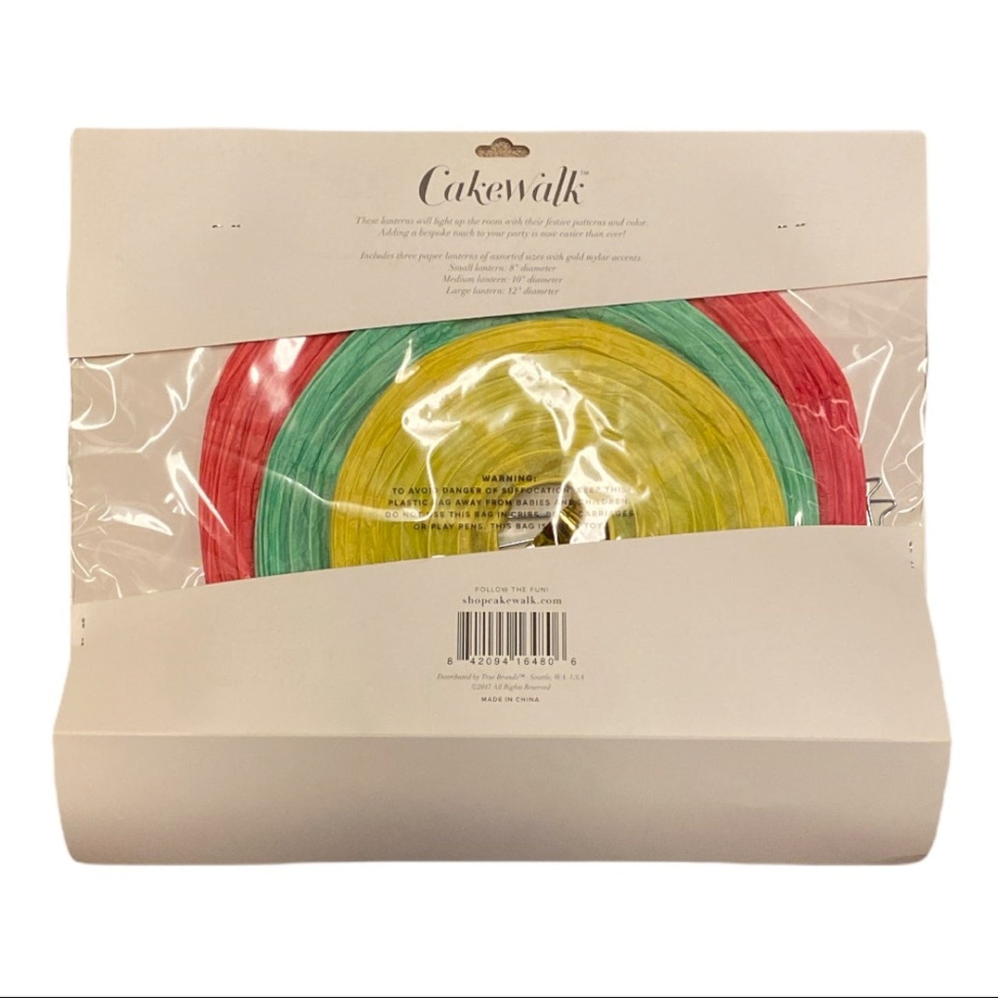 Cakeswalk brand party lanterns, packaged in a clear plastic sleeve over a beige cardboard backing.