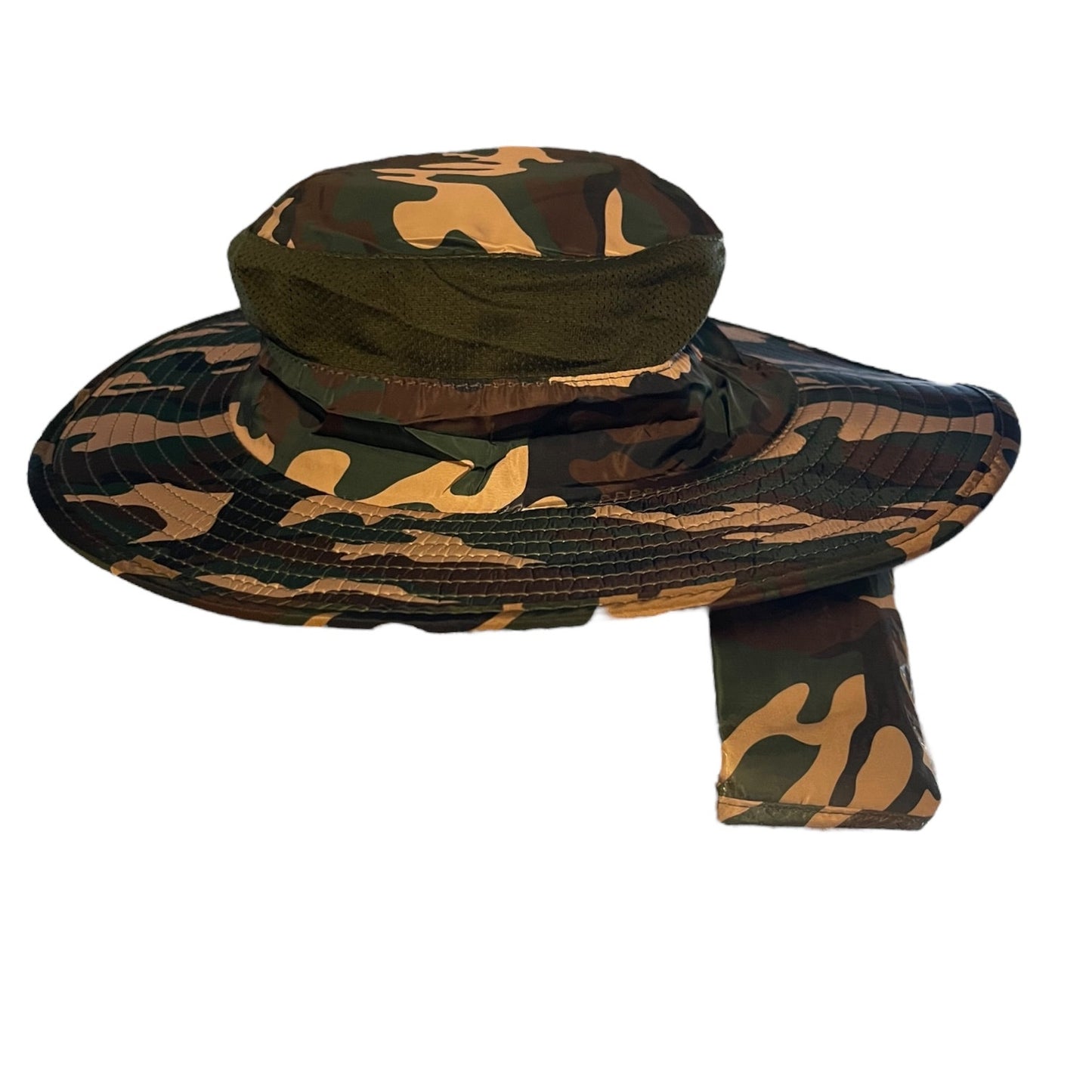 A camouflage boonie hat with a wide brim, dark green mesh back, and matching chin strap, shown on a plain white background.