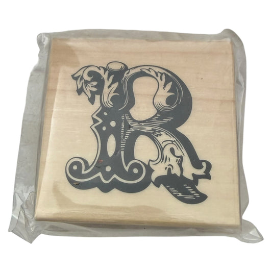 Ornate Decorative Letter R Monogram Wood Mounted Rubber Stamp