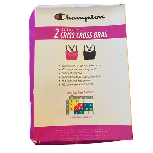 Champion seamless criss-cross bras packaging on a white background