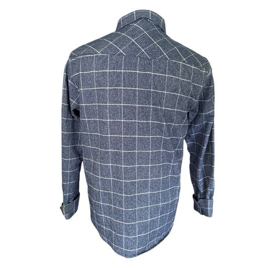 A long-sleeve button-down shirt shown from the back, featuring blue base with a white windowpane plaid pattern.