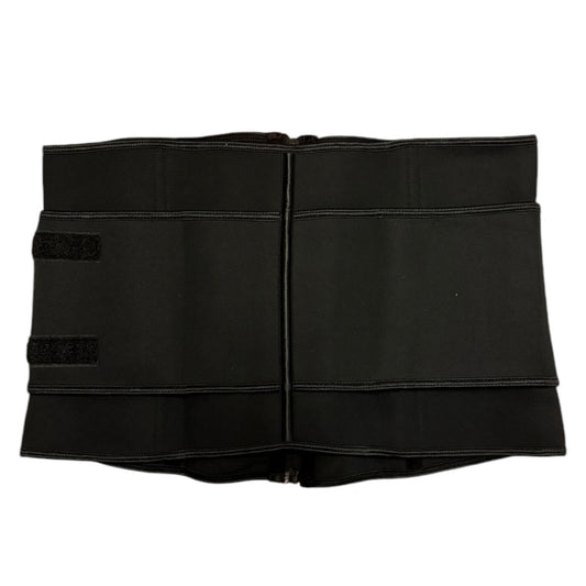 A black waist trainer belt with multiple horizontal compression bands and two hook-and-loop fastening straps on the left side, shown against a plain white background.