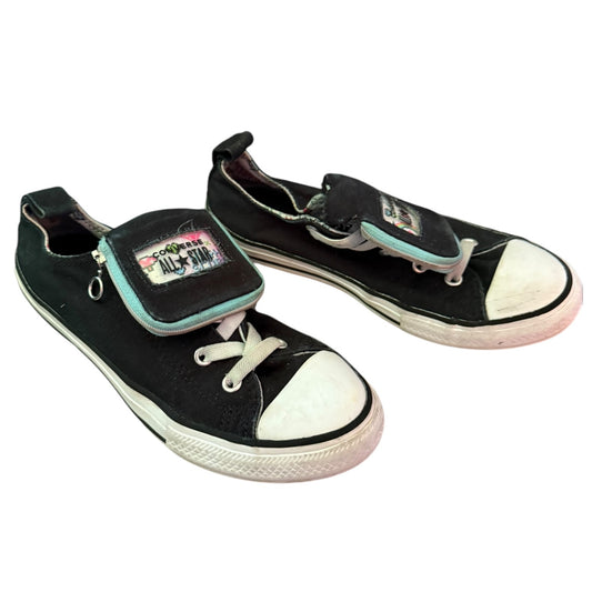 Front side of black Converse sneakers on a white back ground
