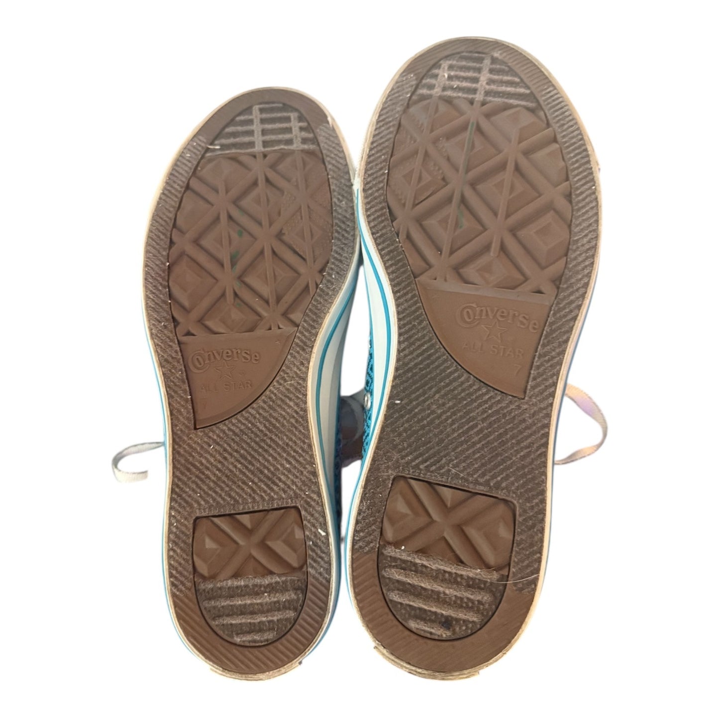 Close-up of the soles of a pair of shoes with 'Converse' branding on a white background.