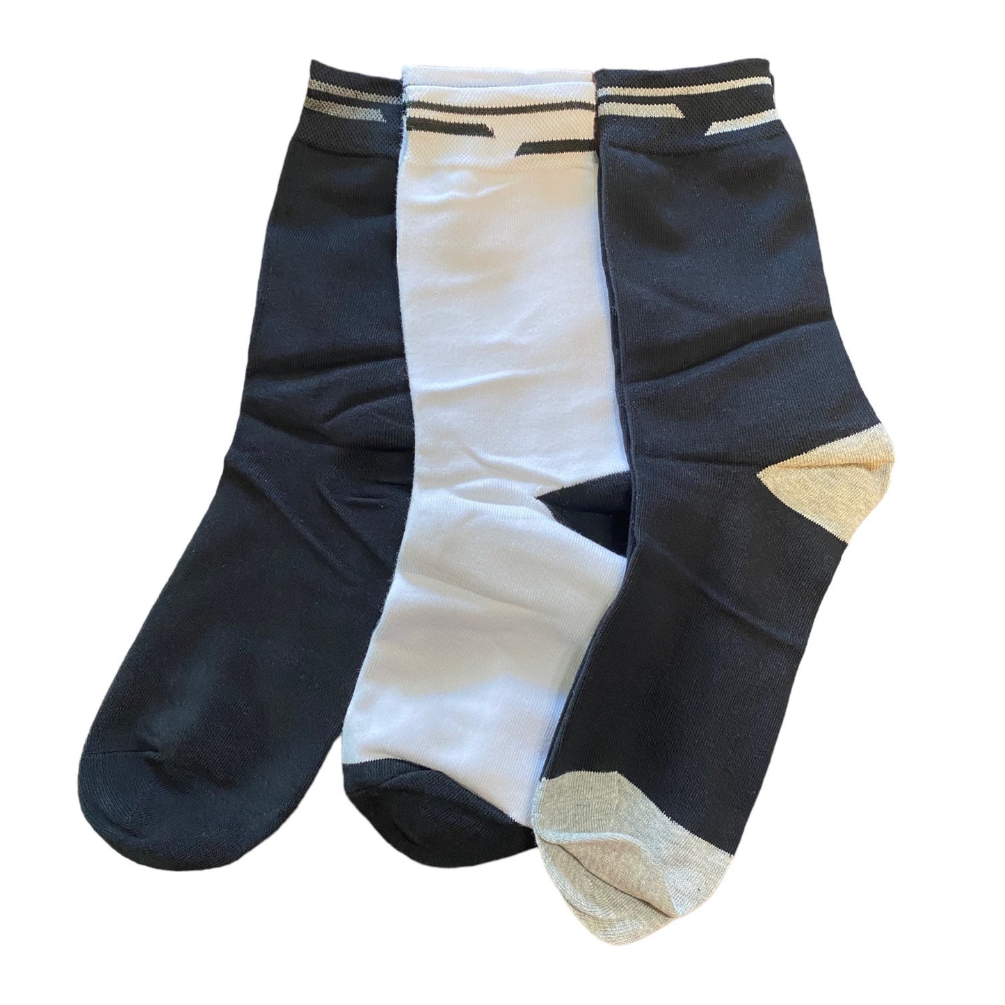 Three pairs of crew socks arranged overlapping on a plain white background.