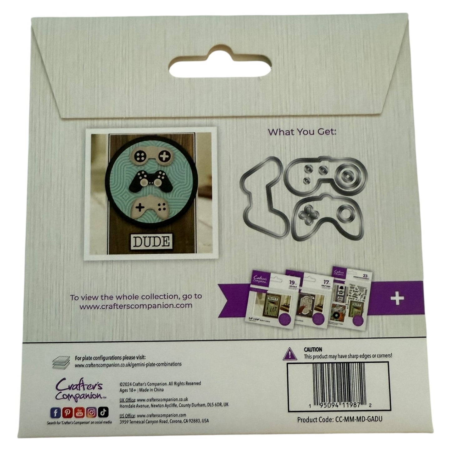 Package of crafting dies with game controller design and 'DUDE' text on a beige background.