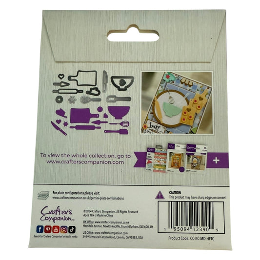 Back of a Crafters Companion product packaging with cutout illustrations and branding.
