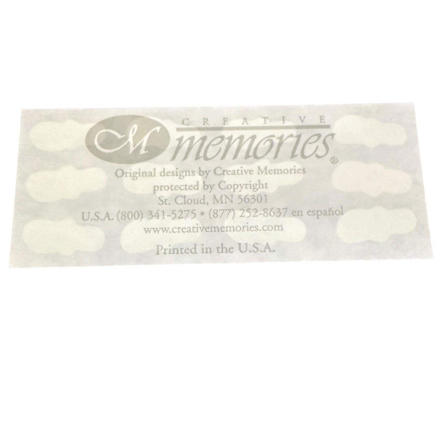 Creative Memories info on the back of a sticker sheet with contact info on a white background.
